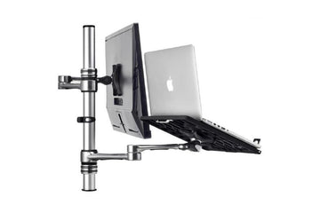 Atdec Notebook-Monitor Combo Mount on Post. Max load: 8kg (Flat), 5.5kg (curved). Up to 32" screens. Up to 18" notebooks (8kg). VESA 100x100. Silver