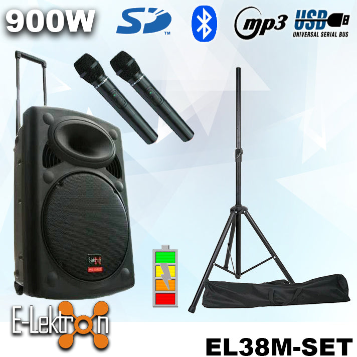 E-Lektron 15″ Inch Portable Speaker 900W Mobile PA Sound System Battery Bluetooth With 2 Wireless Microphones