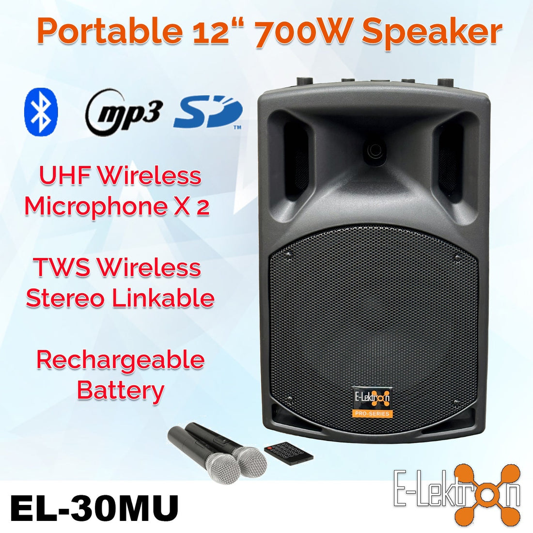 E-Lektron EL30-MUH 700W 12" inch Bluetooth Wireless linkable Loud Portable PA Speaker Sound System incl.2 Handheld +2 Headset Mics  for Karaoke Coach Speech Singing