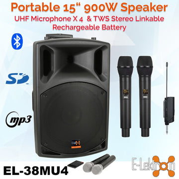 E-Lektron EL38-MUH 900W 15" inch Bluetooth Wireless linkable Loud Portable PA Speaker Sound System Recoding incl.4 UHF Handheld Mics for Karaoke Party Event Speech Singing