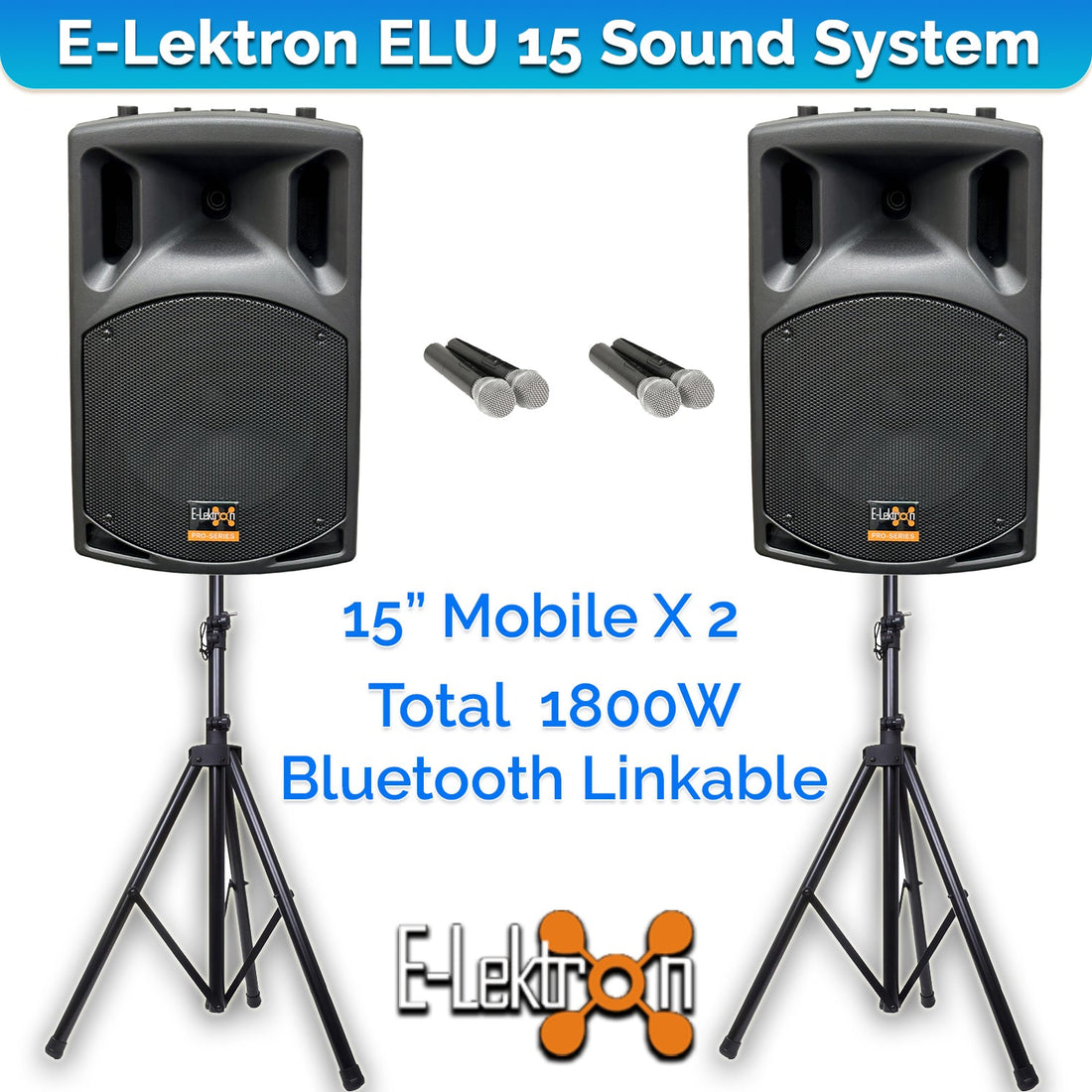 E-Lektron UHF38-MS 1800W 2X15" inch Bluetooth Wireless linkable Loud Portable PA Speakers Sound System Recoding incl.4 UHF Mics and Stands