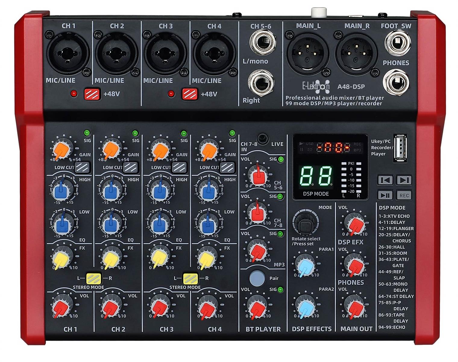 E-lektron A48 DSP FX Studio Audio Mixer 8-Channel  with Bluetooth USB Play Audio interface