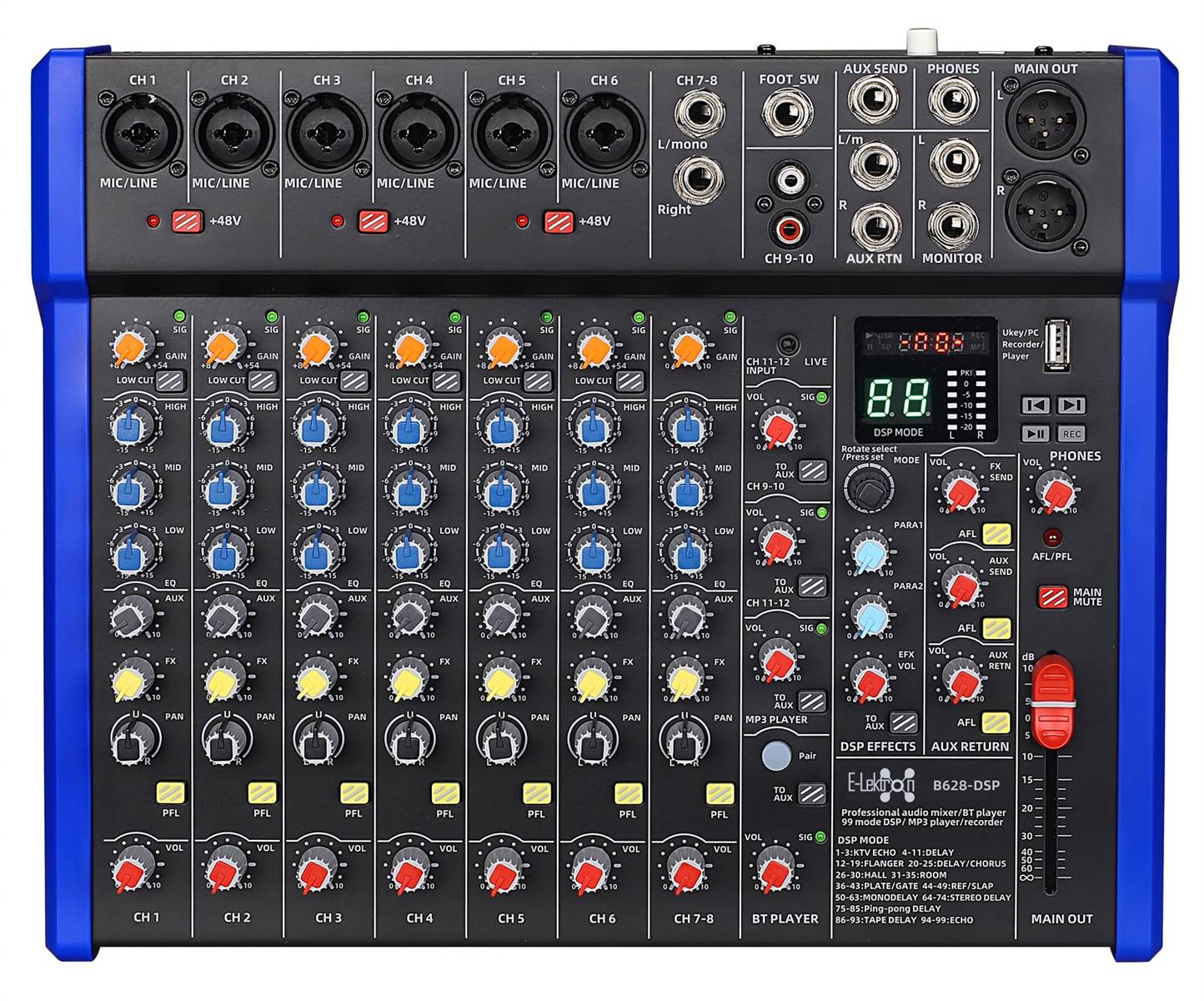 E-lektron B628 DSP effects Studio Audio Mixer 12-Channel with Bluetooth USB Play Audio interface