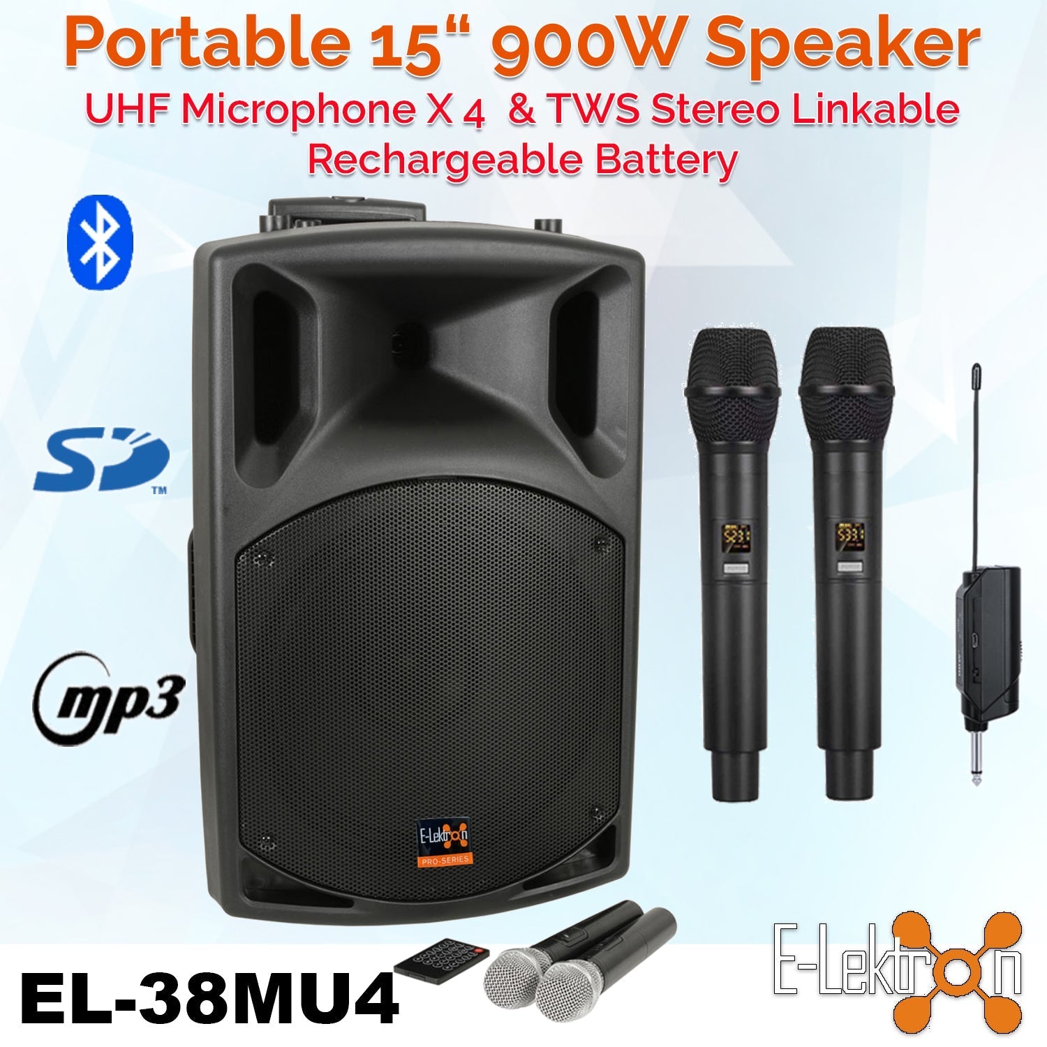 E-Lektron EL38-MUH 900W 15" inch Bluetooth Wireless linkable Loud Portable PA Speaker Sound System Recoding incl.4 UHF Handheld Mics for Karaoke Party Event Speech Singing