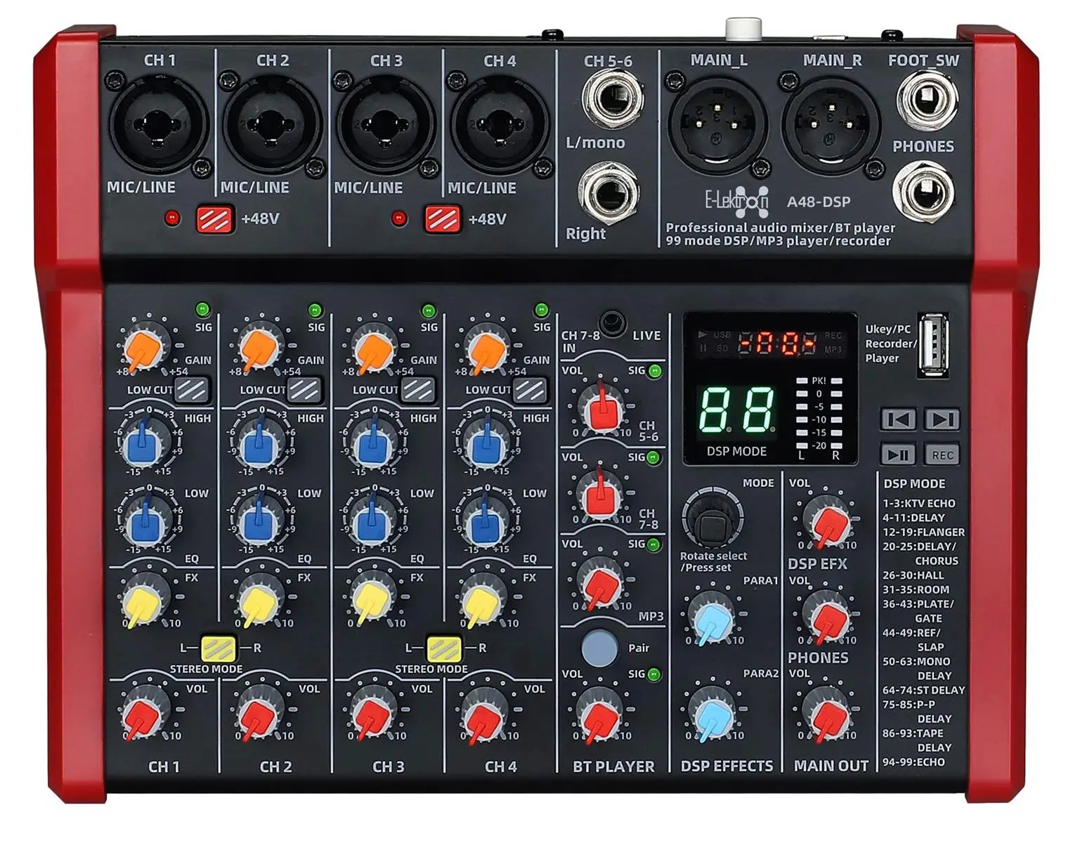 E-lektron A48 DSP FX Studio Audio Mixer 8-Channel with Bluetooth USB Play Audio interface