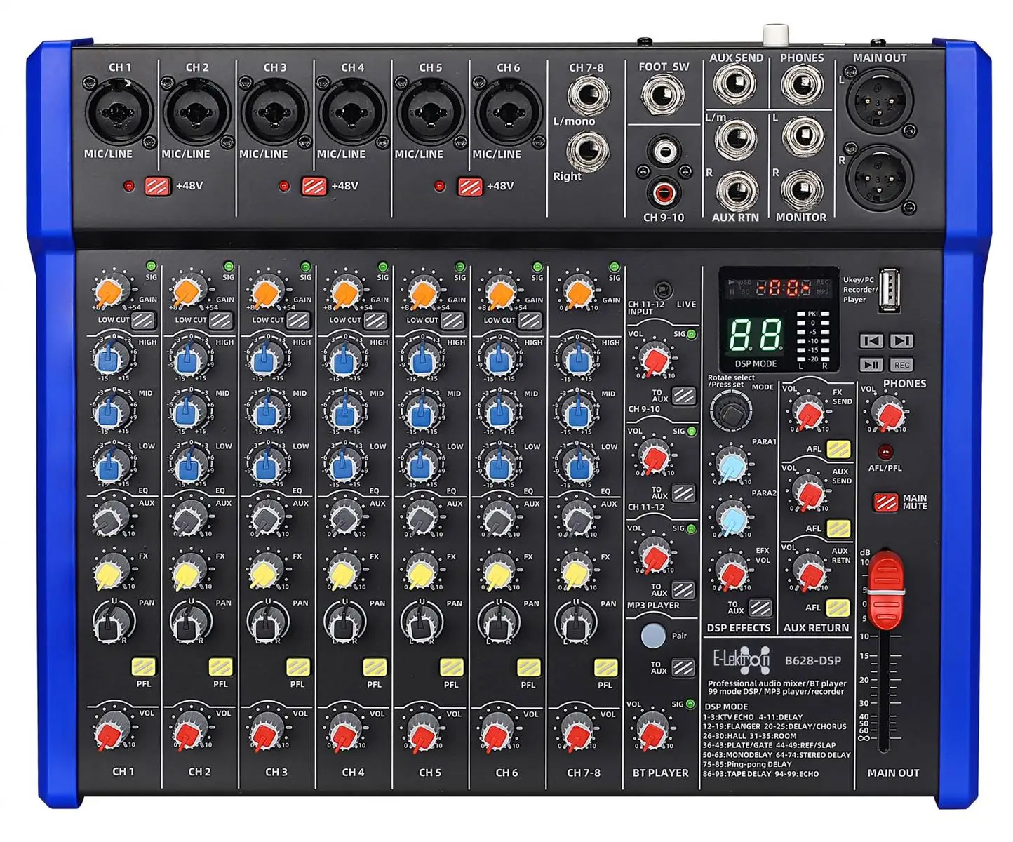 E-lektron B628 DSP effects Studio Audio Mixer 12-Channel with Bluetooth USB Play Audio interface