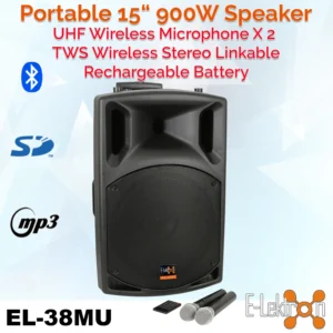 E-Lektron EL38-MU UHF 900W 15" inch Bluetooth Wireless linkable Loud Portable PA Speaker Sound System Recoding incl.2 Mics for Karaoke Party Event Speech Singing